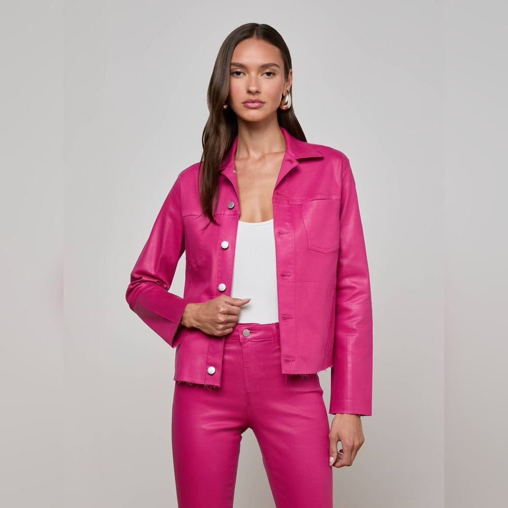 L'AGENCE Janelle Coated Jean Jacket Pink Denim Jacket Medium New